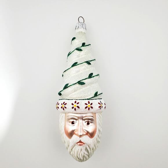 Glass Santa Ornament White w/Green Vine Red Yellow Flowers Winter - Picture 16 of 16